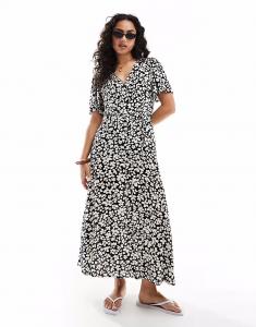Длинное платье Vero Moda на пуговицах с монохромным цветочным принтом