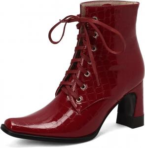 Женские модные западные ботильоны на шнуровке с квадратным носком, массивным каблуком и высокой подошвой, стильные короткие ботинки JOEUSTY, Red-Velvet Lined