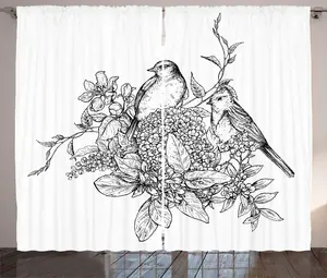 Штора ABAKUHAUS Botanical Rustic, цветочный букет-птицы, универсальная ленточная штора для гостиной с петлями и крючками, 280 x 225 см, цвет: антрацитовый серый и белый Abakuhaus