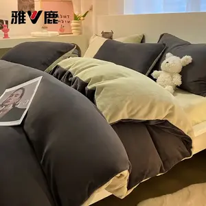 Yalu Комплект постельного белья 1.5м, 4 предмета: пододеяльник 200*230см, простыня на резинке, 2 наволочки, ткань Double-Blend, цвет Premium Gray + Fruit Green