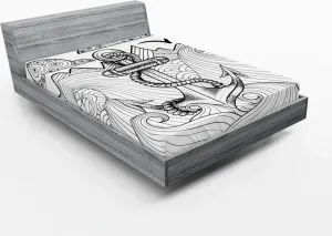 Простыня на резинке ABAKUHAUS Якорь, рисунок в стиле зентангл с изображением океана и облаков, волны, чайка, 160 x 200 см, черно-белая Abakuhaus