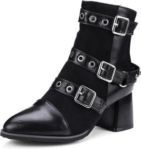 Женские ботильоны с блок-каблуком, заостренным носком и пряжкой в стиле панк Renessmi, Black 2