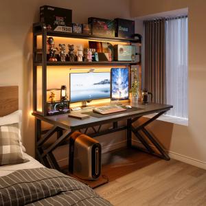 Компьютерный стол Naijia с полками и перфорированной панелью, 140x60x170 см, Dark Gray, двухуровневая стеллажная система