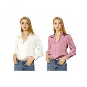 2 комплекта женских атласных рубашек на пуговицах с длинным рукавом и воротником-стойкой ALLEGRA K, цвет White And Dusty Pink