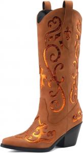 Женские ковбойские сапоги до колена в западном стиле для женщин, ковбойские сапоги до середины голени с цветочной вышивкой, заостренным носком и массивным каблуком 2,5", женские сапоги в западном стиле Peiyaqian, Brown