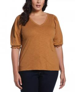 Топ из хлопка больших размеров с присборенными рукавами до локтя ELLA Rafaella, коричневый