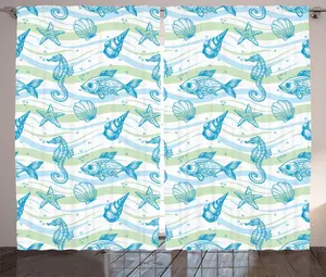 Штора ABAKUHAUS в морском стиле, морская ракушка, морская звезда, универсальная тесьма для гостиной с петлями и крючками, 280 x 175 см, цвет: мятно-голубой Abakuhaus