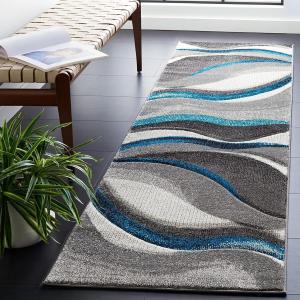 Ковер SAFAVIEH, 69 x 427 см, Rug Hollywood Collection Runner, Grey & Turquoise, Modern Design, Non-Shedding & Easy Care, Ideal for High Traffic Areas in The Living Room, Dining, Bedroom (HLW766M)