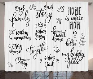 Вдохновляющая штора в деревенском стиле ABAKUHAUS с надписью Family, присборенная штора из тесьмы для спальни с петлями и крючками, 280 x 245 см, цвет: черный, светло-серый Abakuhaus