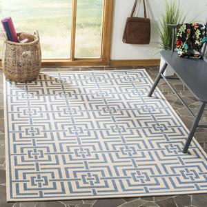 Ковер SAFAVIEH, 201 x 201 см, Linden Collection, Cream & Blue, геометрический рисунок, без ворсоотделения и простой в уходе, для помещений и улицы, моющийся - идеально для патио, заднего двора, прихожей (LND128N)