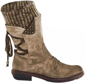 DMBHY Комфортные женские зимние сапоги Fleekcomfy с высоким теплым утеплением, шнуровкой, массивным каблуком, платформой, круглый носок, для ходьбы, на плоской подошве (Цвет: серый, Размер: 7,5 US)