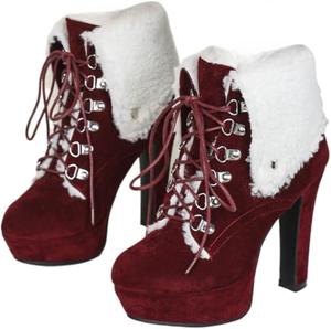 Женские сексуальные ботильоны с искусственным мехом, с круглым носком и каблуком-кирпичиком, высокие каблуки, осенне-зимние ботинки для верховой езды на шнуровке, верх из однотонной ткани, резиновая подошва, утепленные флисом для зимы Faithgee, Red