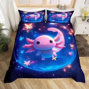 Erosebridal Комплект постельного белья Axolotl Universe Salamander с блестками и градиентными бабочками в синих тонах, Navy Blue