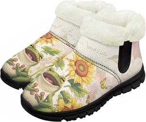 Девочки Мальчики Ботинки Детские Снег Зимние Ботинки Для Улицы На Щиколотку Теплые Без Шнуровки С Искусственным Мехом Легкая Обувь Chririnla, Sunflower Frog