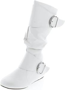 TOP Moda Bank-81 Damenmode, runder Zehenbereich, flacher Absatz, Reißverschluss, Schnalle, Slouchy Mi, Weißes Pu