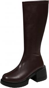 Сапоги до колена для женщин, комфортная платформа, массивный каблук-блок, искусственная кожа, высокие ботильоны, боковая молния, круглый носок, широкий голень, ковбойские длинные ботильоны, удобные, модные, для выхода в свет и на улицу Generic, Dark Brown