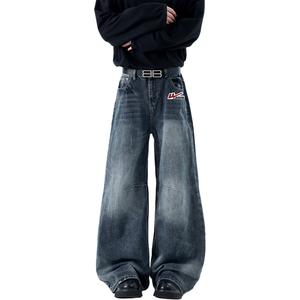 WARRIOR Джинсы Unisex Blue Gray DIY Badge Moderate Wide Leg