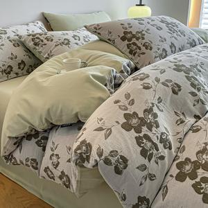 Jie Liya Комплект постельного белья из 4 предметов (простыня на резинке 150 см, пододеяльник 200х230 см), жаккард, ткань велюр, цвет Yueyi Tang - Green, гребенной хлопок Синьцзян