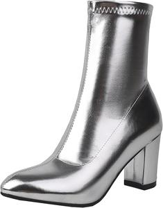 Женские короткие ботильоны на массивном каблуке, с обычной молнией, излучающие элегантность BULVJ, Silver