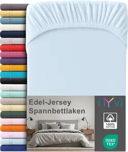 Простыня на резинке из премиального джерси для матрасов глубиной до 25 см - 100% суперчесаный хлопок, 140 г/м², на резинке по всему периметру, цвет: светло-голубой, размер: 180-200 х 220 см NYVI