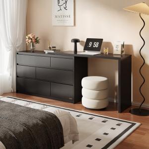 Quanu Комод для спальни из массива дерева, 6 ящиков, черный дуб, с туалетным столиком и бархатным табуретом