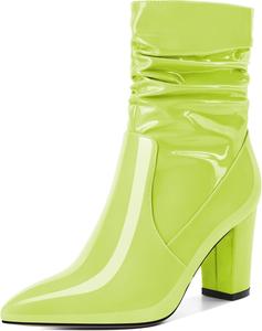 Женские свободные ботильоны Mettesally с высокими массивными каблуками, заостренным носком, боковой молнией, каблук 3,5 дюйма, полусапожки для платья, Patent Light Green