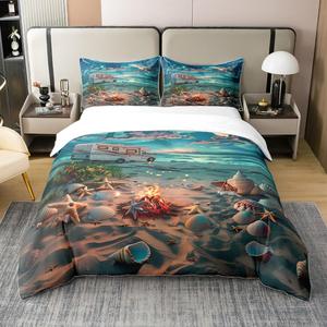 Erosebridal Комплект постельного белья Natural Landscape Happy Camping с 3D принтом пляжных ракушек и морских звезд в летней тематике голубого неба, Blue
