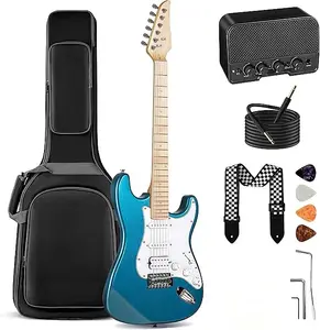 Unbranded Электрогитара для начинающих - набор для старта 39 дюймов с звукоснимателем HSS, корпус из цельного окуме, электрогитара для взрослых с усилителем, сумкой для гитары, ремнем, медиаторами, струнами и кабелем, синий цвет