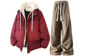 Толстовка Casual Sportswear утепленная с капюшоном унисекс X1617, burgundy top+хаки pants