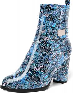 Женские ботинки AMBELIGHT с лакированной застежкой-молнией, повседневные, с круглым носком, на массивном высоком каблуке, ботильоны, 8,4 см, Blue Graffiti