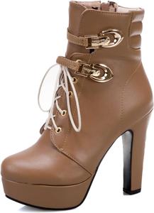 Женские ботильоны с шнуровкой на блочном каблуке, байкерские, с круглым носком Renessmi, Apricot 6