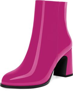 Женские ботильоны FEMSTEP на молнии из лакированной кожи, повседневные, деловые, с круглым носком, на устойчивом каблуке 3,3 дюйма, Magenta