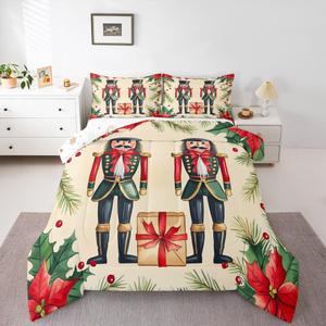 Erosebridal Комплект постельного белья Kids Nutcracker с рождественским принтом из елей и венков, Red Green Beige