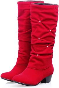 Женские модные сапоги MIOKE до середины икры с мягкой посадкой, с круглым носком, украшенные стразами, замшевые уютные сапоги на низком каблуке, Red-Velvet Lined