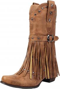 Женские западные сапоги IWIHMIV до середины голени, модные ковбойские сапоги для женщин с широкой голенью, массивным низким каблуком и кисточками, Brown