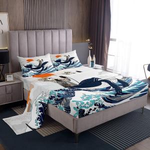 Erosebridal Комплект постельного белья Full Funny Cat Whale с японскими океанскими волнами и мультяшными котятами, Blue Grey