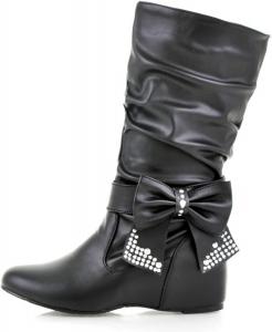 Женские сапоги с бантом из кожи до середины икры, элегантные с низким каблуком, со стразами, зауженный носок, без застежки, скрытый клин, сапоги до колена, удобный плоский каблук, для вечеринок LETCLOCOM, Black