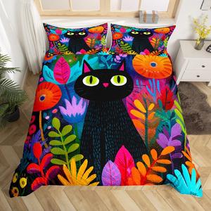 Erosebridal Комплект постельного белья Floral Boho Black Cat с цветочным этническим принтом и мультяшными котятами, мягкий и теплый, Multi 25