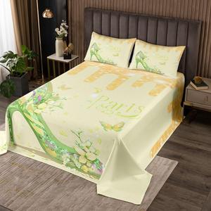 Erosebridal Стильный комплект постельного белья Fashion Girly с принтом зеленых туфель и цветочным парижским дизайном в желтых тонах, Green Beige