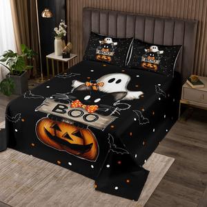 Erosebridal Комплект постельного белья Happy Halloween с принтом привидений, кошек, тыкв и летучих мышей, Black,white,orange