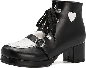 Женские ботильоны VOKLIN в стиле Лолита для косплея, с кружевной шнуровкой, округлым носком, массивным каблуком средней высоты, короткие праздничные ботинки, Black-Velvet Lined