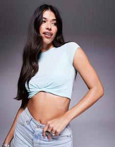 Синий укороченный топ с короткими рукавами и узлом спереди ASOS DESIGN