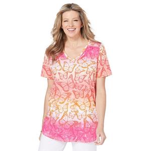 Женщина в женской футболке больших размеров с короткими рукавами и v-образным вырезом с гофрированной отделкой Woman Within, цвет Raspberry Sorbet Ombre