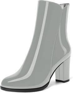 Женские офисные ботильоны NUMALEO с круглым носком, на молнии, лаковые, с высоким блочным каблуком 3,3 дюйма, Grey