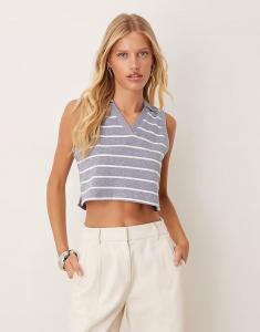 Трикотажное поло без рукавов с воротником в синюю полоску Mango