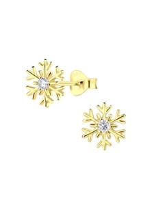 Alexander York Серьги-гвоздики в виде снежинок с кубическим цирконием в оправе из серебра 925 пробы с золотым покрытием, комплект из 2 штук