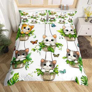 Erosebridal Комплект постельного белья Cat с милыми котиками и зелеными листьями растений, Green Grey