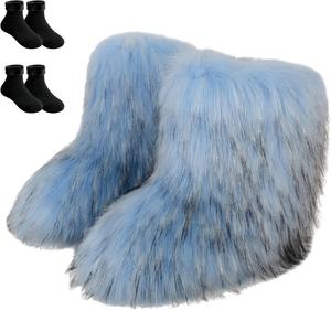 Женские короткие зимние сапоги с искусственным мехом, пушистые и мягкие, удобные, средние по голенище, на плоской подошве, модные, для свиданий, прогулок, фото и путешествий. В комплекте 2 пары носков с флисовой подкладкой. Generic, 4