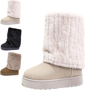 Милые теплые женские сапоги из искусственной замши до середины икры, уютные теплые зимние сапожки с платформой и искусственным мехом Generic, Beige