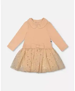 Платье для девочки из двух материалов с блестящей юбкой, бежевое - Baby Deux par Deux, коричневый/бежевый